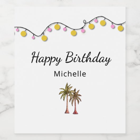Tropische Palmbomen String Lights Verjaardagsfeest Wijn Etiket (Enkel label)