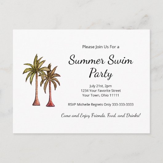 Tropische palmbomen Summer Pool Party Uitnodiging Briefkaart (Voorkant)