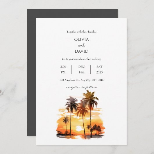 Tropische palmbomen tegen strand zonsondergang bru kaart (Voorkant / Achterkant)
