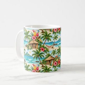 Tropische palmbomen, tiki hutten, strandcocktail koffiemok