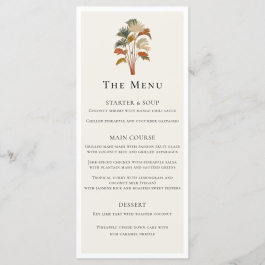 Tropische palmbomen Waterverf Pastel Boho bruiloft Menu (Voorkant)