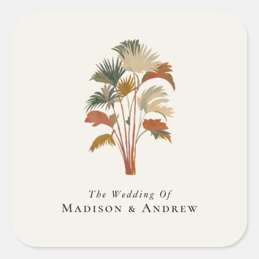 Tropische palmbomen Waterverf Pastel Boho bruiloft Vierkante Sticker (Voorkant)