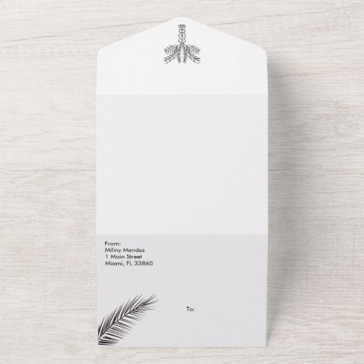 Tropische palmboom abstract handgetekende trouw all in one uitnodiging (Buitenkant)