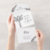 Tropische palmboom abstract handgetekende trouw all in one uitnodiging (Afscheurbaar)