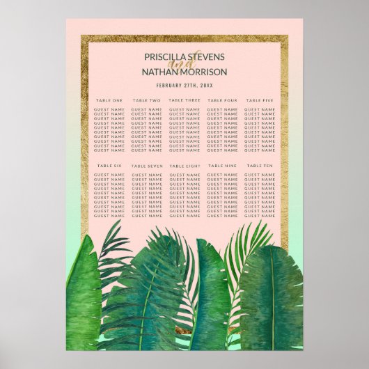 Tropische palmboom Banana Leaf Gold Seating Chart Poster (Voorkant)