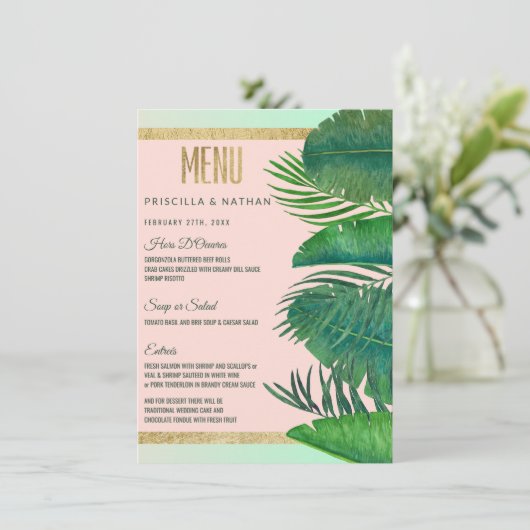 Tropische palmboom Banana Leaf Gold Wedding Menu (Staand voorkant)