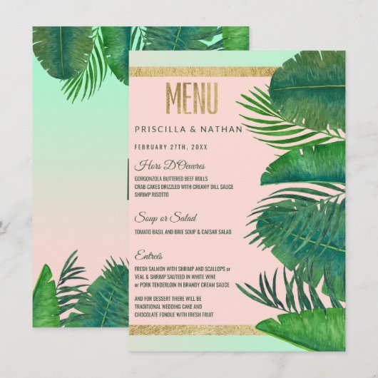 Tropische palmboom Banana Leaf Gold Wedding Menu (Voorkant / Achterkant)