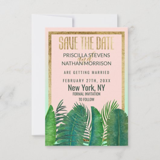 Tropische palmboom Banana Leaf Gold Wedding Save The Date (Voorkant)
