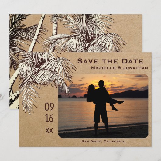 Tropische palmboom Beach Photo Weddenschap Save The Date (Voorkant / Achterkant)