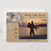 Tropische palmboom Beach Photo Weddenschap Save The Date (Voorkant)