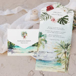 Tropische palmboom Beach Weddenschap All In One Uitnodiging<br><div class="desc">Met exotische waterverf groen en bloemen tegen een zachte achtergrond. Plaats de toon voor een opwindend trouwweekend met een douane reisuitnodiging. Deze uitnodiging is een geweldige manier om je gasten aanvullende informatie te geven over de bruiloft. Deze kaarten kunnen een lijst maken van de feestelijkheden rond je trouwweekend, zoals welkome...</div>