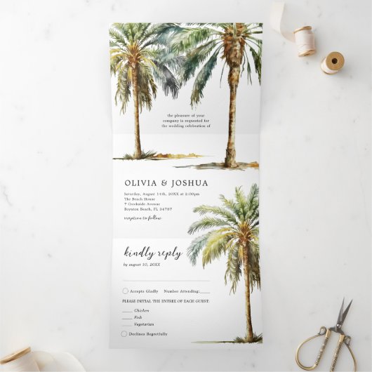 Tropische palmboom Beach Weddenschap Drieluik Uitnodiging (Binnen)