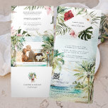 Tropische palmboom Beach Weddenschap Drieluik Uitnodiging<br><div class="desc">Met exotische waterverf groen en bloemen tegen een zachte achtergrond. Plaats de toon voor een opwindend trouwweekend met een douane reisuitnodiging. Deze uitnodiging is een geweldige manier om je gasten aanvullende informatie te geven over de bruiloft. Deze kaarten kunnen een lijst maken van de feestelijkheden rond je trouwweekend, zoals welkome...</div>