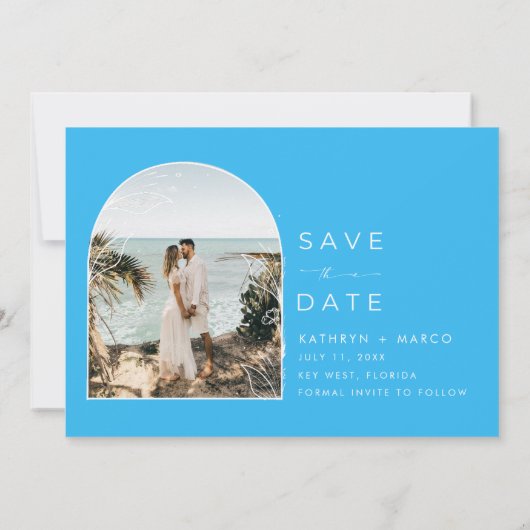 Tropische palmboom Beach Weddenschap Save The Date (Achterkant)