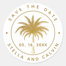 Tropische palmboom bespaart de datum goud ronde sticker
