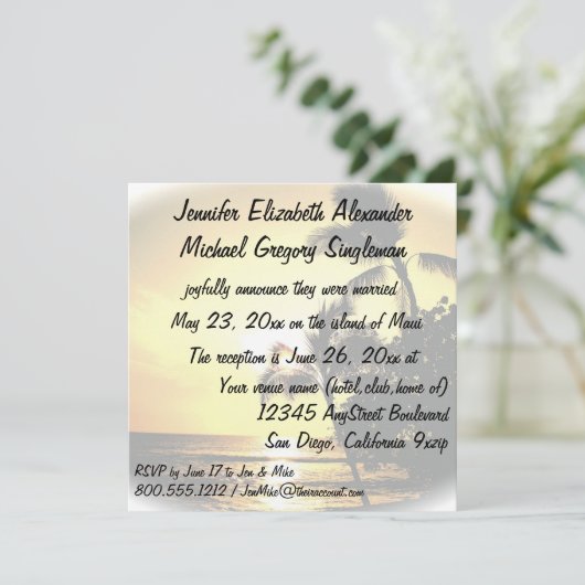 Tropische palmboom bij huwelijkskondiging kaart (Staand voorkant)