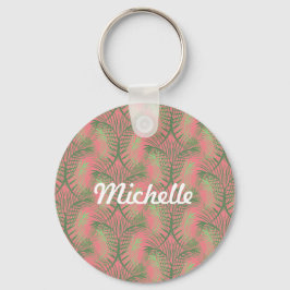 Tropische palmboom blad roze patroon naam sleutelhanger