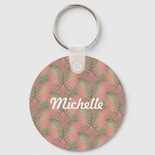 Tropische palmboom blad roze patroon naam sleutelhanger