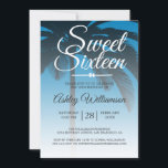 Tropische palmboom Blue Sweet 16 16th Birthday Kaart<br><div class="desc">Een chic modern tropisch blauw formaat Sweet 16 verjaardagsuitnodiging met een palmachtergrond. Het heldere Ibiza blauw vervaagt op een witte achtergrond. De tekst "Sweet Sixteen"in wit wordt geplaatst in modern manuscript. Elegant 16e verjaardagsfeest nodigt uit voor een glamoureuze Sweet Sixteen, perfect voor haar, de fashionista die van modern patroon houdt,...</div>