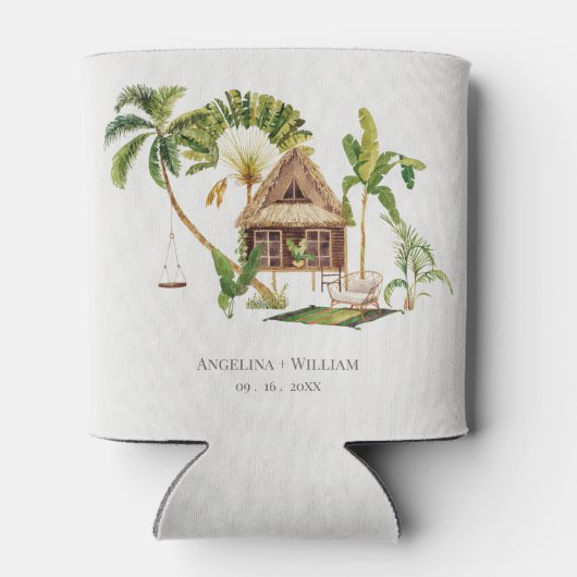 Tropische palmboom bruiloft blikjeskoeler (Achterkant)