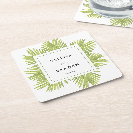 Tropische palmboom bruiloft kartonnen onderzetters (Schuin)
