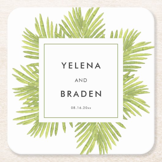 Tropische palmboom bruiloft kartonnen onderzetters (Voorkant)