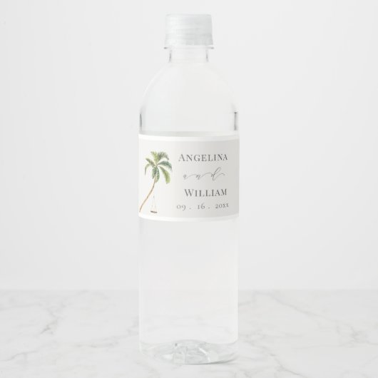 Tropische palmboom bruiloft waterfles etiket (Voorkant)