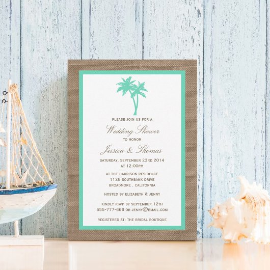 Tropische palmboom Burlap Beach Wedding Shower Kaart