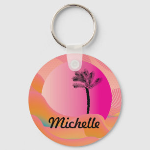 Tropische palmboom Colorful Roze Patroonnaam Sleutelhanger