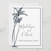 Tropische palmboom Elegant Blauw Wit Bruiloft Kaart (Voorkant)