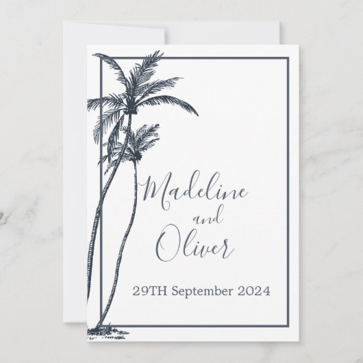 Tropische palmboom Elegant Blauw Wit Bruiloft Kaart (Voorkant)