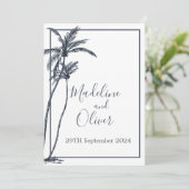 Tropische palmboom Elegant Blauw Wit Bruiloft Kaart (Staand voorkant)