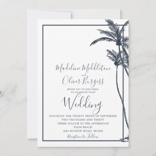 Tropische palmboom Elegant Blauw Wit Bruiloft Kaart (Achterkant)