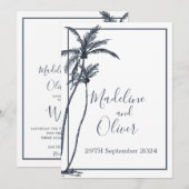 Tropische palmboom Elegant Blauw Wit Bruiloft Kaart (Voorkant / Achterkant)