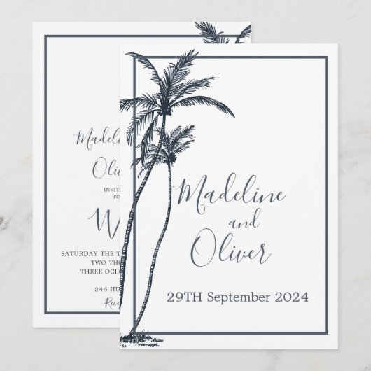 Tropische palmboom Elegant Blauw Wit Bruiloft Kaart (Voorkant / Achterkant)