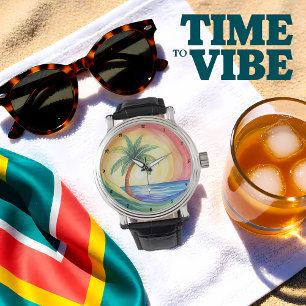 Tropische palmboom en oceaan geïnspireerde kunst horloge