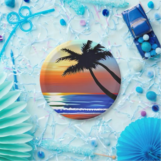 tropische palmboom en oceaan papieren bordje (Feest)