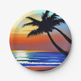  tropische palmboom en oceaan papieren bordje