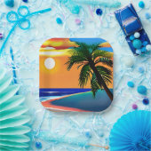  tropische palmboom en oceaanzonsondergang papieren bordje (Feest)