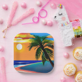  tropische palmboom en oceaanzonsondergang papieren bordje (Feest)