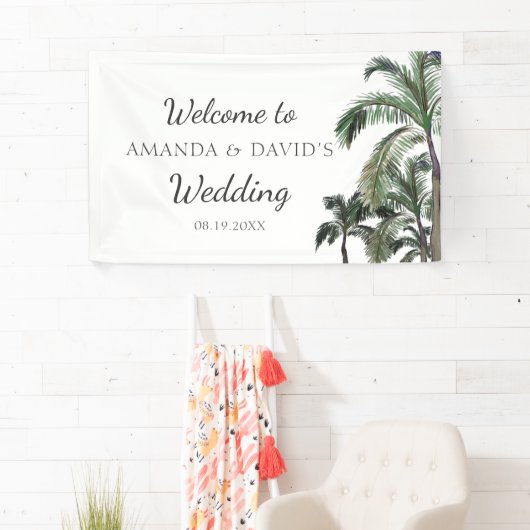 Tropische palmboom Greenery Beach Wedding Backdrop Spandoek (Insitu)