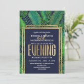 Tropische palmboom Greenery Gold Navy Blue Evening Kaart (Staand voorkant)