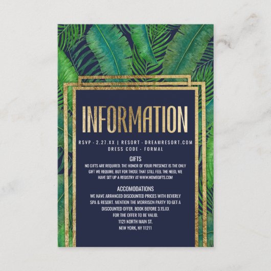 Tropische palmboom Greenery Gold Navy Blue - Gegev Informatiekaartje (Voorkant)