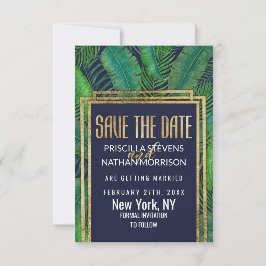 Tropische palmboom Greenery Gold Navy Blue Save The Date (Voorkant)