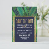 Tropische palmboom Greenery Gold Navy Blue Save The Date (Staand voorkant)