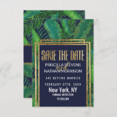 Tropische palmboom Greenery Gold Navy Blue Save The Date (Voorkant / Achterkant)