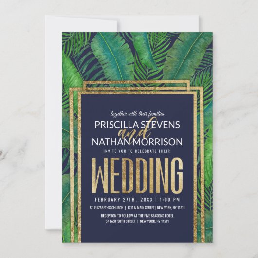 Tropische palmboom Greenery Gold Navy Blue Wedding Kaart (Voorkant)
