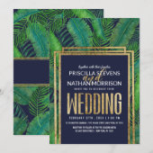 Tropische palmboom Greenery Gold Navy Blue Wedding Kaart (Voorkant / Achterkant)