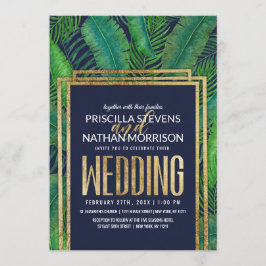 Tropische palmboom Greenery Gold Navy Blue Wedding Kaart