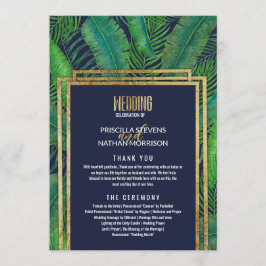 Tropische palmboom Greenery Gold Navy Blue Wedding Programmakaart